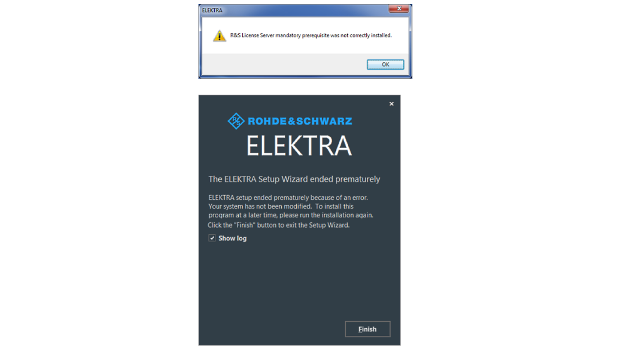 Perguntas frequentes: ELEKTRA, o pré-requisito obrigatório do servidor de licença da Rohde & Schwarz não foi corretamente instalado