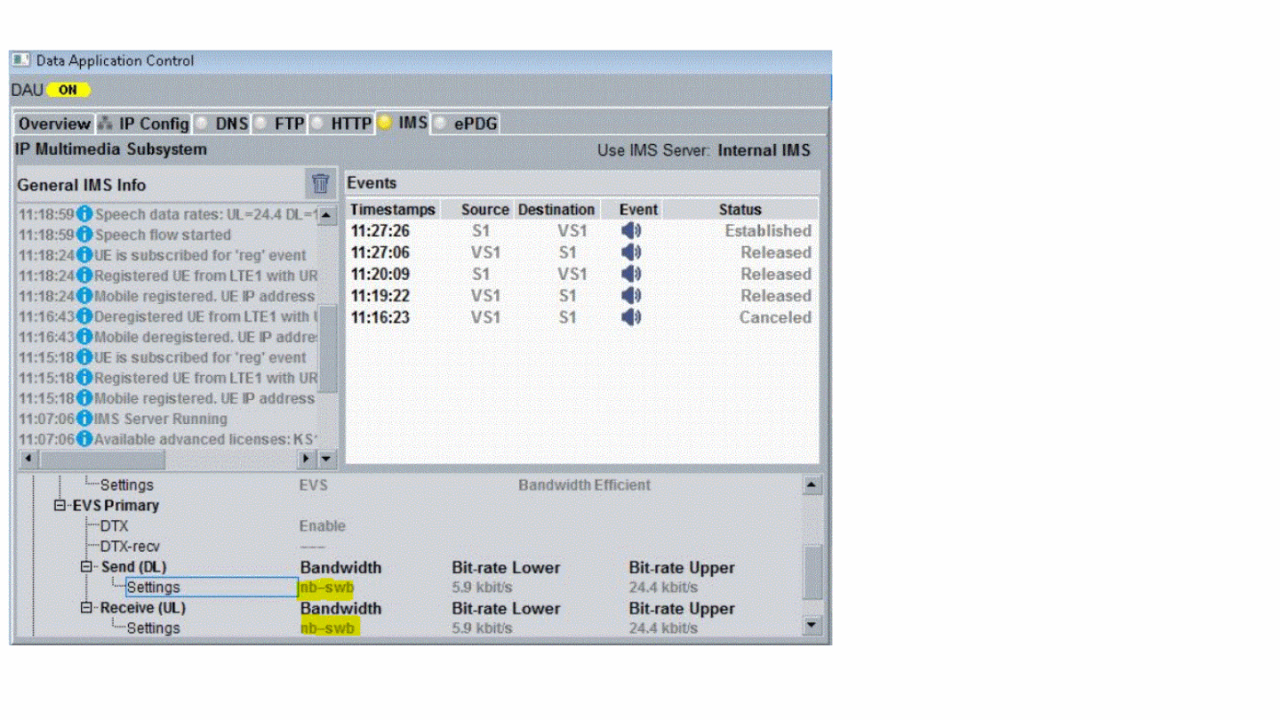 EVS Bandwidth Indicator VoLTE and VoWiFi call on CMW500/CMW290 user interface - screen 3
