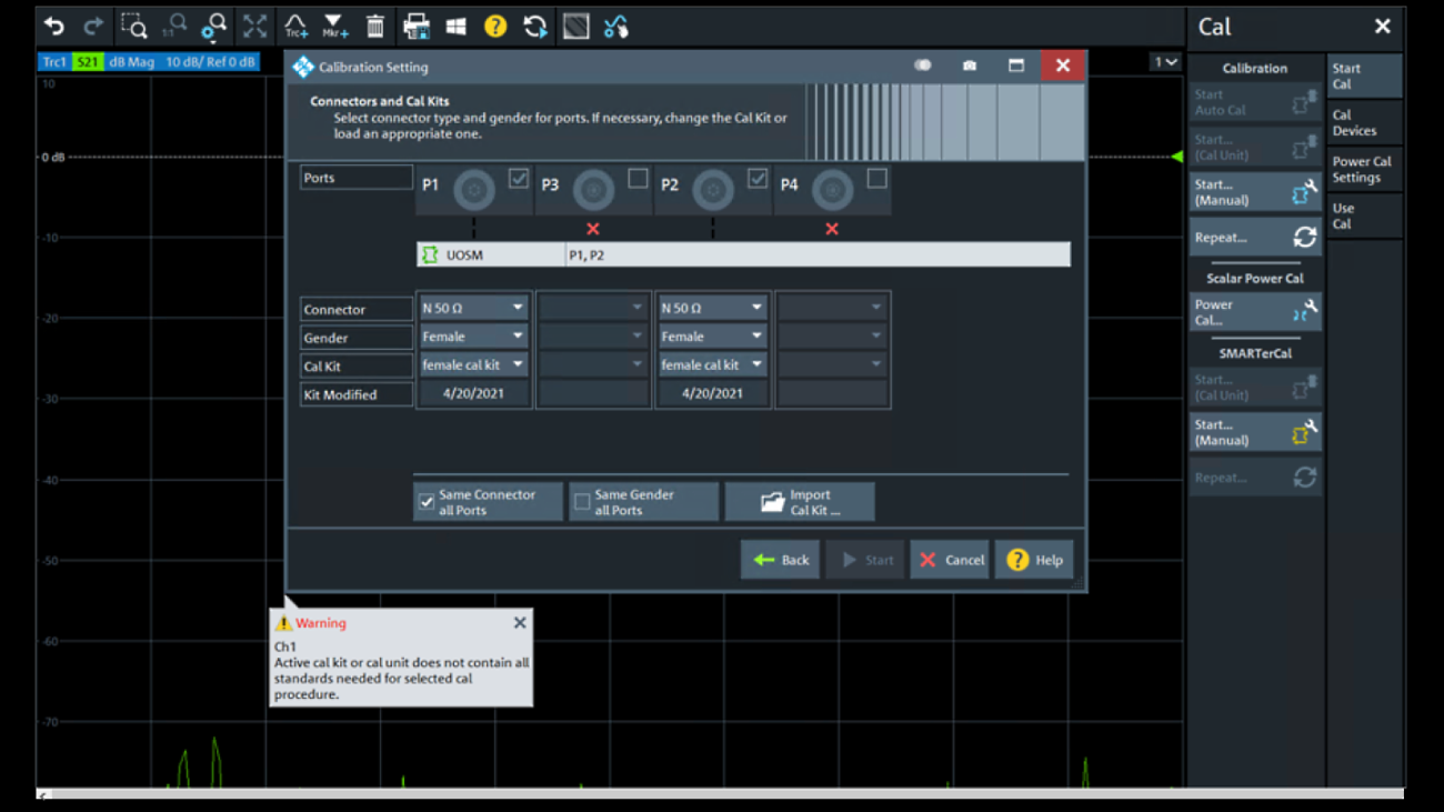VNA calibration warning that the active cal kit does not contain all