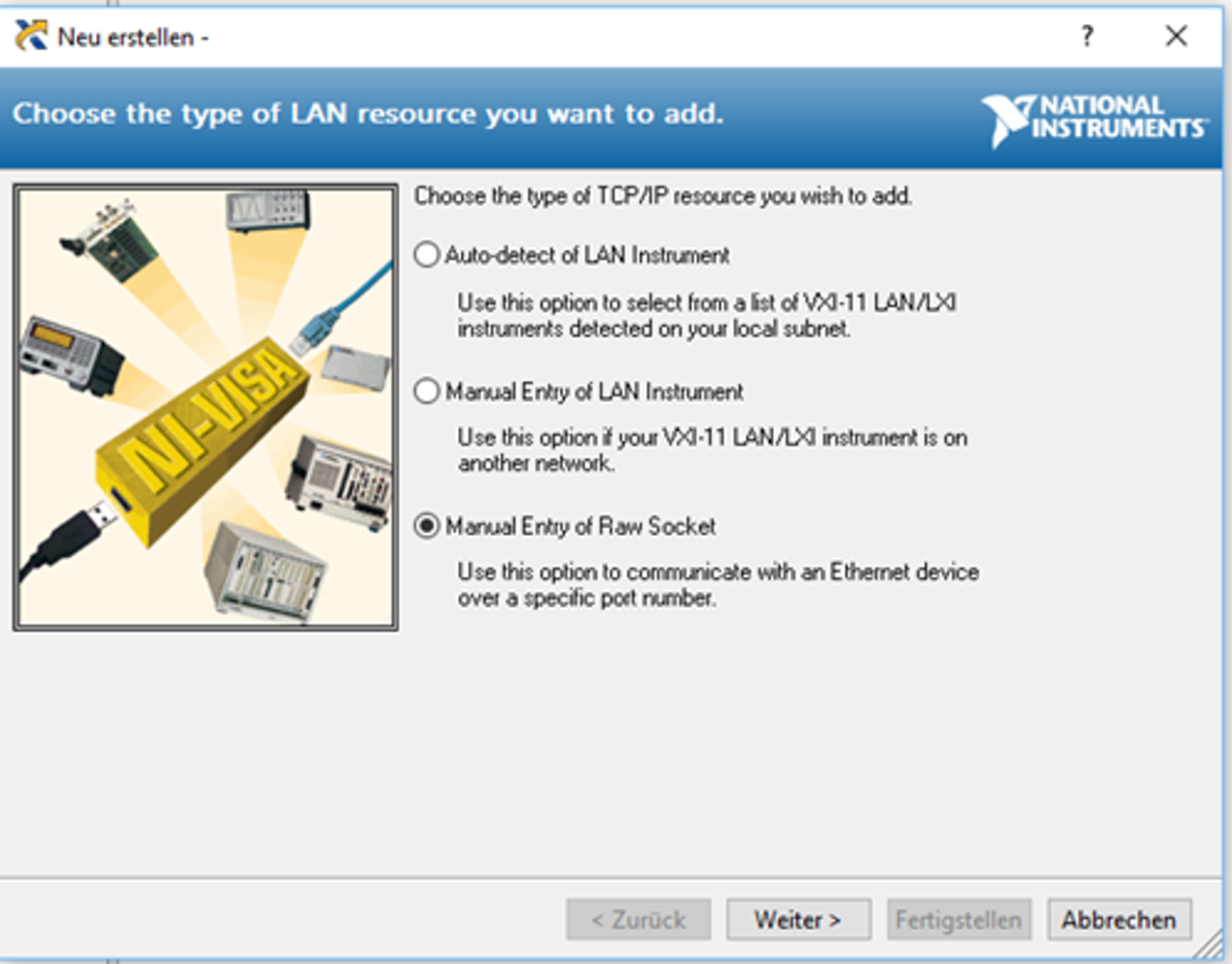 HMP series network connection via NI VISA - choose the type of LAN