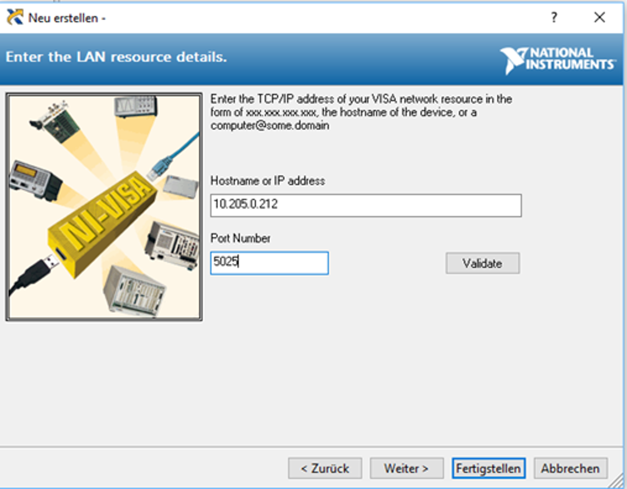 HMP series network connection via NI VISA - enter the IP adress oft the device and Port number