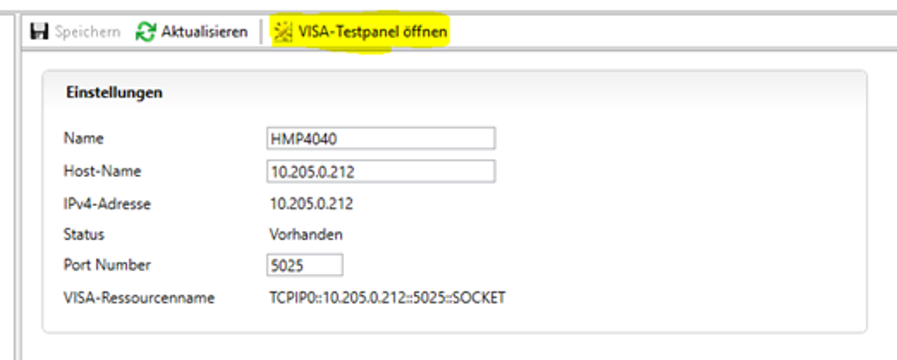 HMP series network connection via NI VISA - visa test panel