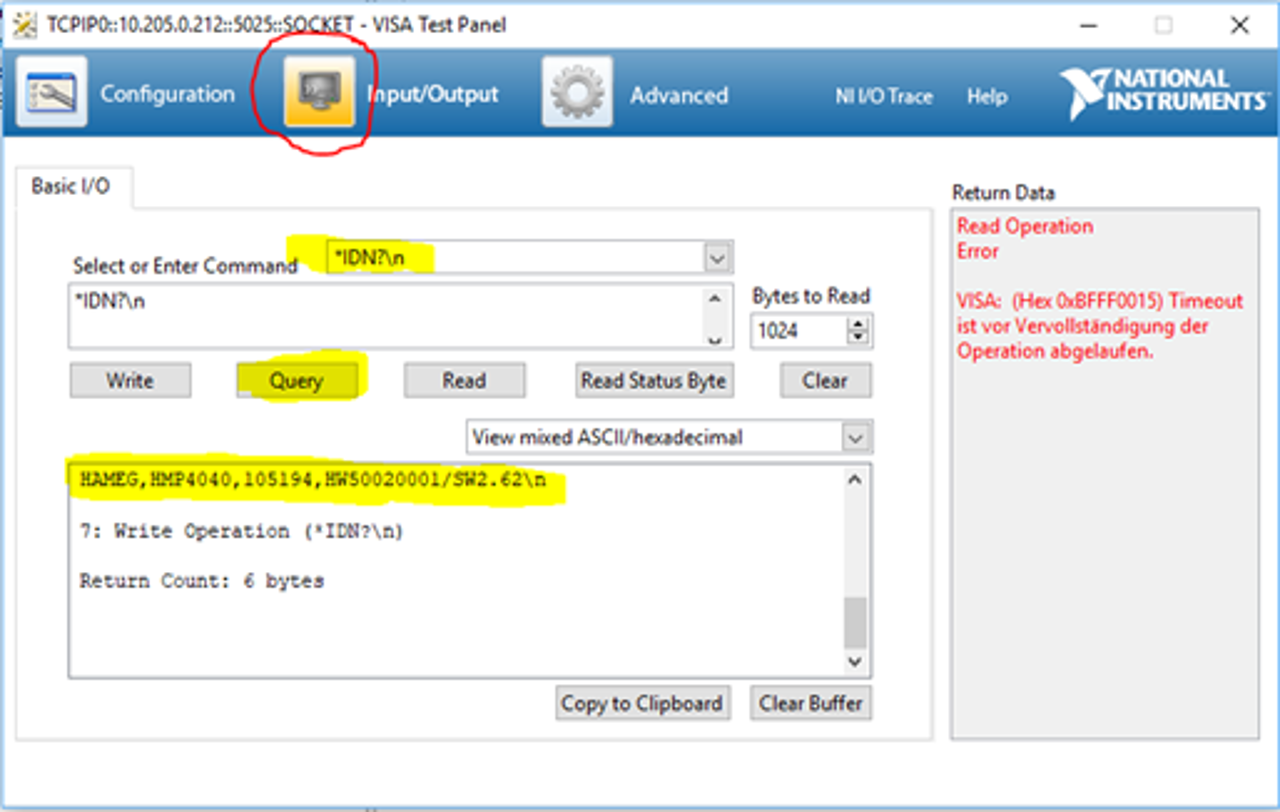 HMP series network connection via NI VISA - Click on Input/Outpout