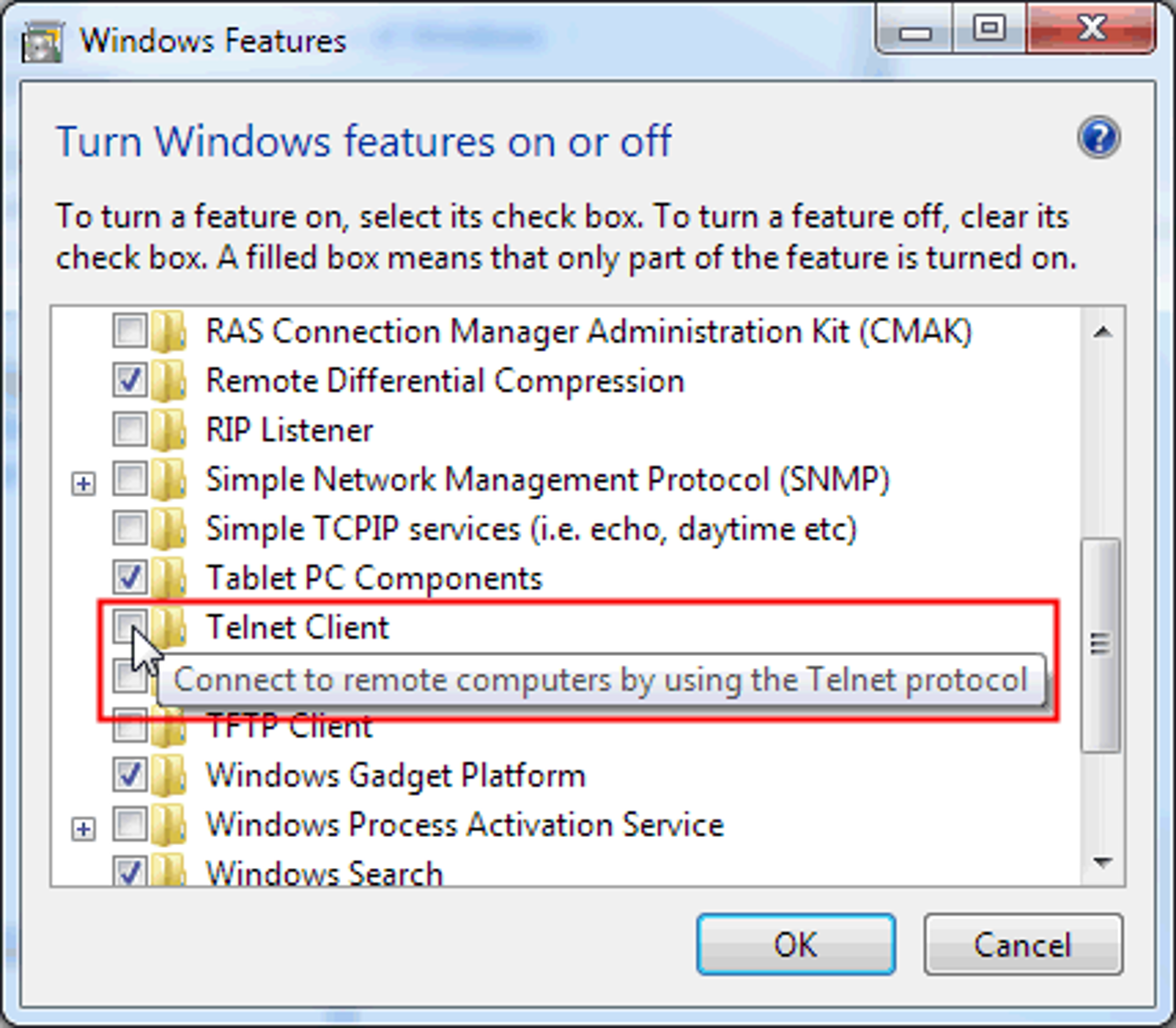 How to enable Telnet Client in Windows 7